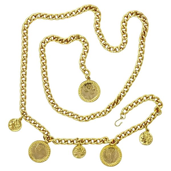 Gold Plated Chain Link Belt with Coin Charms circa 1980s